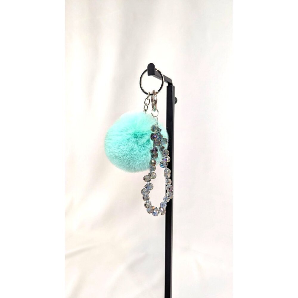 Purse charm keychain aqua pompom rhinestone sparkly bling wrist strap custom NEW